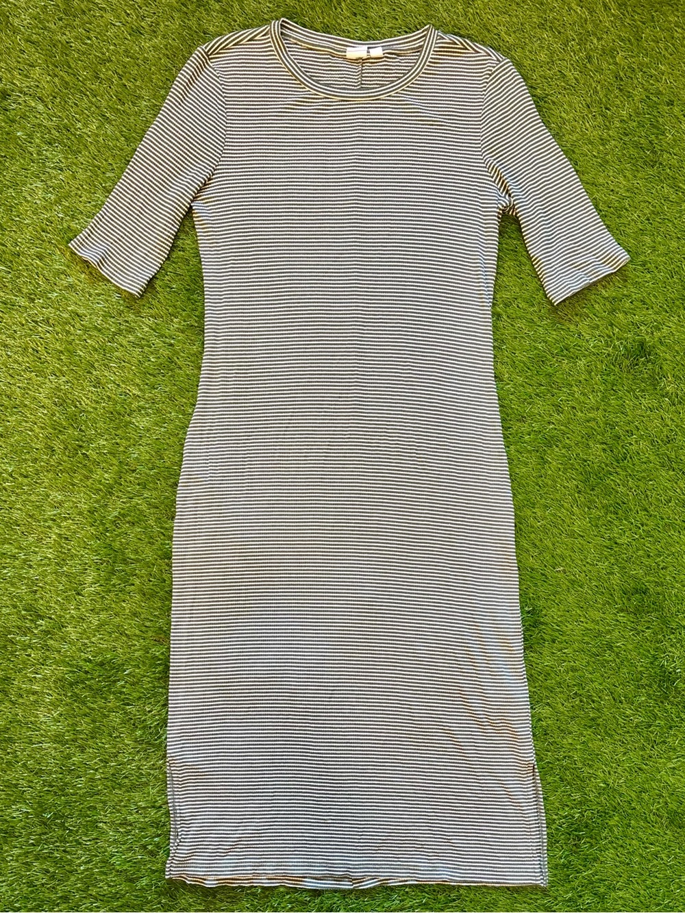 GAP Green White Striped Ribbed Midi Bodycon Dress Medium